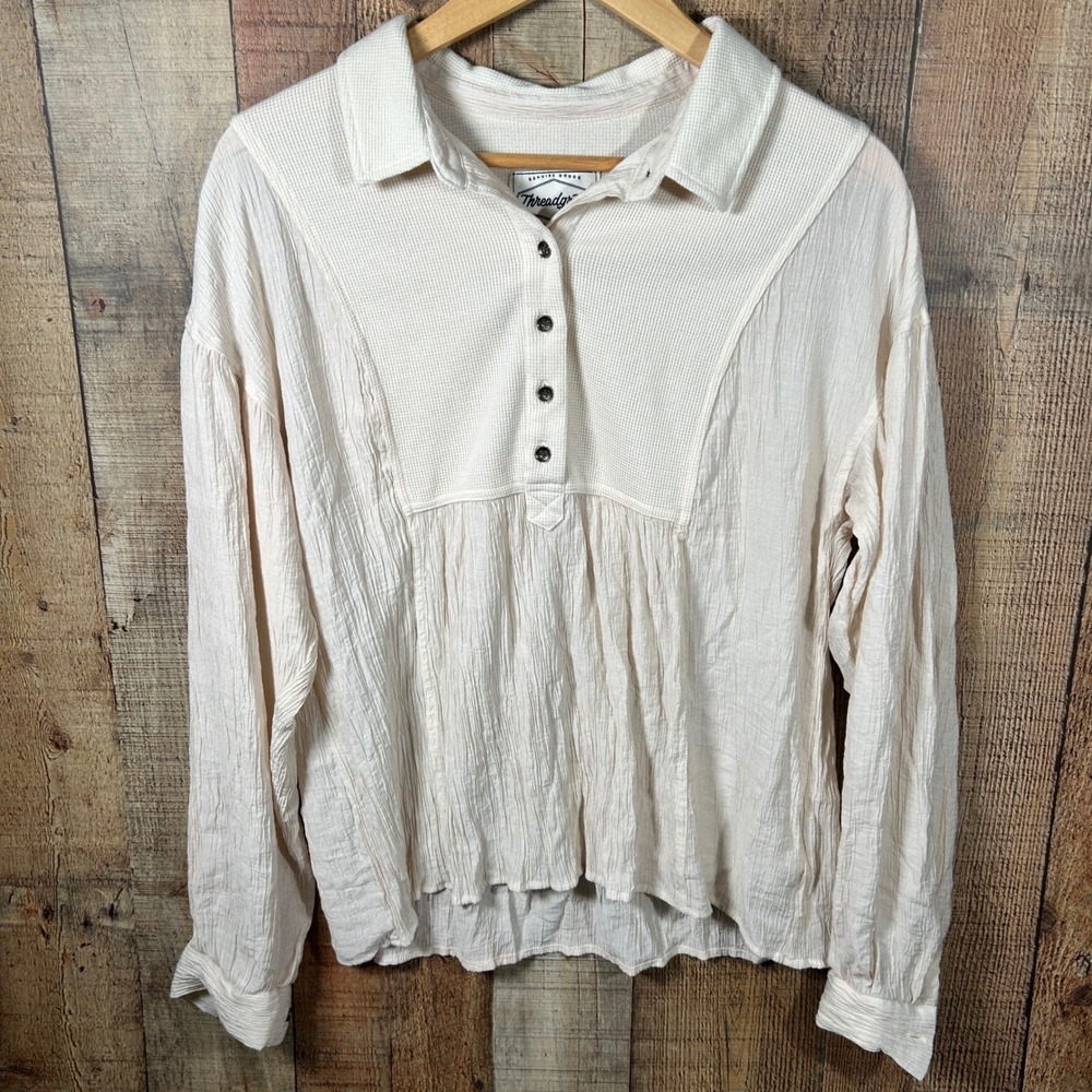 Threadgrit Cream Waffle Knit Henley Gauze Boho Blouse Top Boho Large Mixed Media